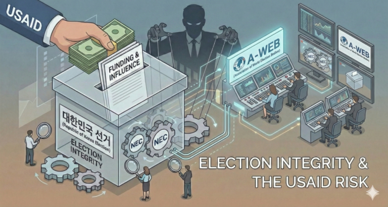 Election Integrity and USAID Risk illustration featuring South Korean elections, NEC gears, and A-WEB monitoring station.