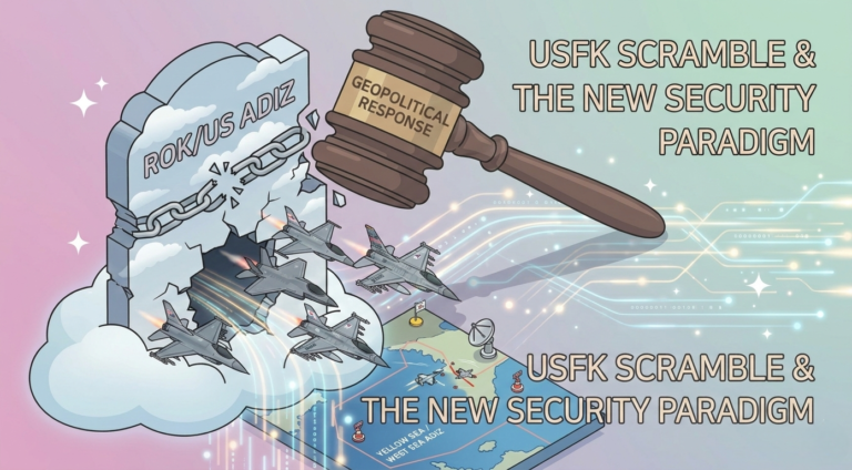 "A 3D isometric illustration of USFK fighter jets scrambling through a broken 'ROK/US ADIZ' stone monument over a tactical map of the Yellow Sea, featuring a large gavel labeled 'GEOPOLITICAL RESPONSE'."